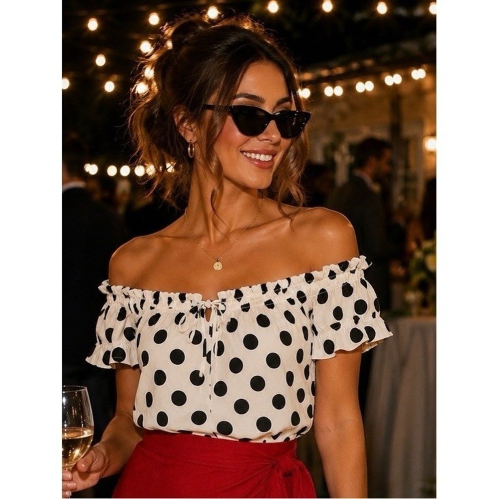 BIBi Polka Dot Off The Shoulder Ruffle Blouse XL - Picture 2 of 10